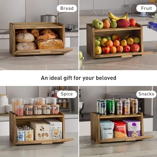 Acacia Wood Bread Box for Kitchen Countertop, Large Wooden Bread Storage Container, with Clear Window Back Air Vent and Anti-falling Design, Bread Boxes for Keeping Food Fresh in Home and Kitchen 8