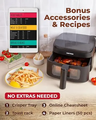 Cartman 4QT Compact Air Fryer, Ultra-Flat 6.7" Height Small Airfryer, Adjustable Airflow Design, Viewing Window, Up to 450℉, 7 Presets Touchscreen, Portable Air Fryer, Black 7