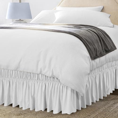 Utopia Bedding Queen Elastic Bed Ruffle - Easy Wrap Around Ruffle - Microfiber Bed Skirt with Adjustable Buckle & Elastic Belt, 16 Inch Tailored Drop - Hotel Quality Bedskirt, Fade Resistant (White)