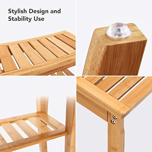 OasisSpace Bamboo Shower Bench with Underneath Storage Shelf, Wood Spa Bath Organizer Seat with Foot Stool, Perfect for Indoor or Outdoor 5