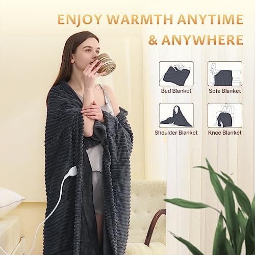 Reaks Heated Blanket Throw - 50" x 60" Electric Blanket with 4 Fast Heating Levels & 3 Hours Auto Off, Soft Flannel Heating Blankets for Home Office, UL&FCC Certification, Machine Washable, Dark Grey 6