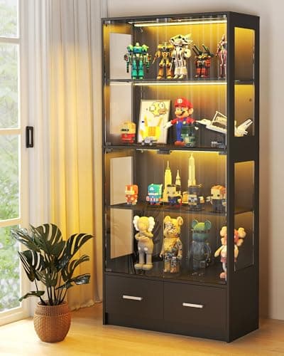 Lamtor Glass Display Cabinet with Doors - Curio Cabinet with Dynamic LED Lights for Collectibles, 67" Display Case with 4 Tier and Drawers for Figure, Toys, Books, Black