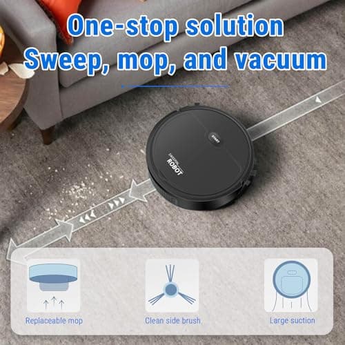 WOHPNLE Robot Vacuum Cleaner, USB Smart 3 in 1 Super Thin, Powerful Suction, Quiet, Self Charging Robotic Vacuum Cleaner, Cleans Hard Floors to Medium Pile Carpets (Black) 8