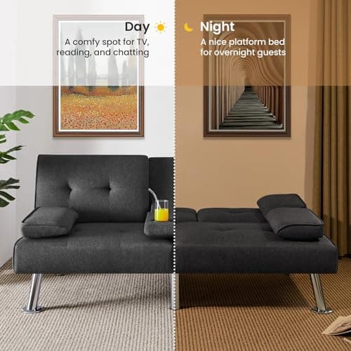 Yaheetech Convertible Sofa Bed Adjustable Fabric Couch Sleeper Modern Recliner Reversible Loveseat Folding Daybed Guest Bed, Removable Armrests, Cup Holders, 3 Angles, 772lb Capacity, Dark Gray 7