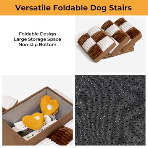 Dog Stairs with Storage, 3-Step Chessboard Plaid Handcrafted Dog Steps for Small Medium Dogs Cats, Folding Sturdy Pet Stairs Climbing Bed or Sofa, Grey 5