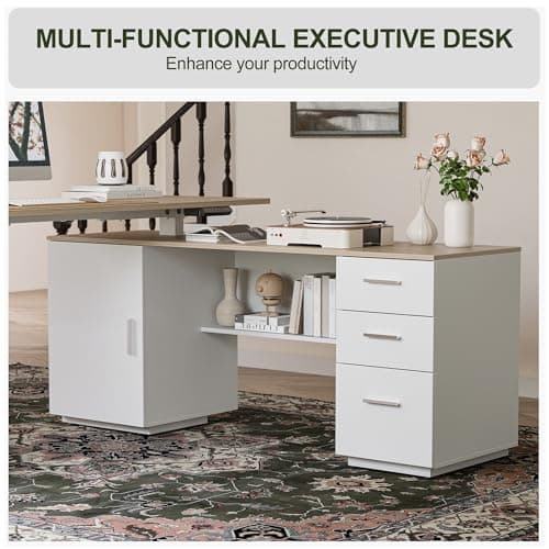 BANTI 63" Executive L Shaped Electric Standing Desk: 1.18" Thick Desktop, Height Adjustable, Integrated File Cabinet & 3 Drawers, Privacy Panel, AC/USB Charging Ports, Elegant Light Walnut Finish 5