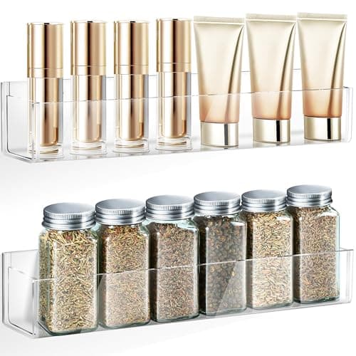 GTJ Acrylic Shelves, 2-Pack Spice Rack Wall Mount, Clear Book Shelves for Wall, Spice Organization, Vinyl Wall Mount, Cabinet, Pantry Door, Kitchen, Bedroom, Self-Adhesive and Drilling