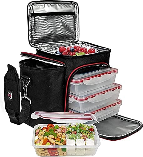 Meal Prep Lunch Box - 3 Piece Set - Insulated Lunch Box For Women or Men - 3 Bento Style Containers Inside Large Black Lunch Bag- BPA Free - Microwave/Dishwasher Safe - A2S Black/Red