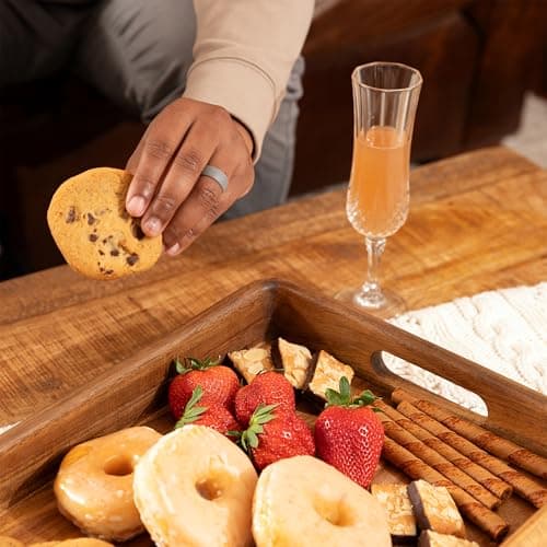 Acacia Wooden Serving Trays with Handles for Eating, Appetizers, Food, Snacks, or Home Decor, Large Wood Bed Tray or TV Tray, Decorative Ottoman or Coffee Table Accessory, 16x12 inch, Set of 1 6