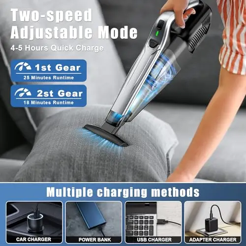 SAKOLD Car Vacuum Handheld Vacuum Cordless with Powerful Suction, Type-C Charge, 2 Suction Modes, 6-in-1 Portable Mini Vacuum for Home, Car, Office Desk, Keyboards 5