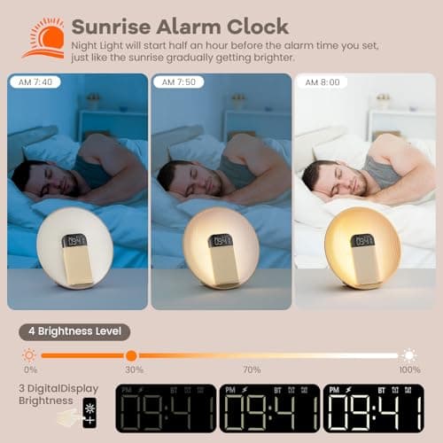 COLSUR Sunrise Alarm Clock Wake Up Light,Bluetooth Speaker,Wireless Charging,White Noise,Bedside Lamp,Bedroom,Snooze & Sleep Aid,Ideal for Gift 6