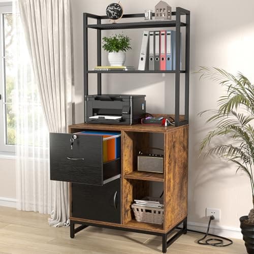 Homieasy Vertical Filing Cabinet with Lock & Charging Station, Large Drawer Wood File Cabinet with Bookshelf, Printer Stand with Open Storage Shelf, fits Letter Size for Home Office, Black and Rustic