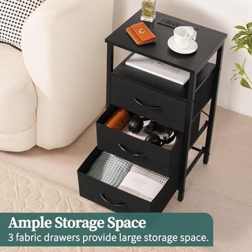 Yoobure Night Stand with Charging Station, 16 Colors LED Nightstand with USB Ports and Outlets, End Table with 3 Fabric Drawers and Storage Shelf, Bedside Tables Small Dresser for Small Space, Black 5