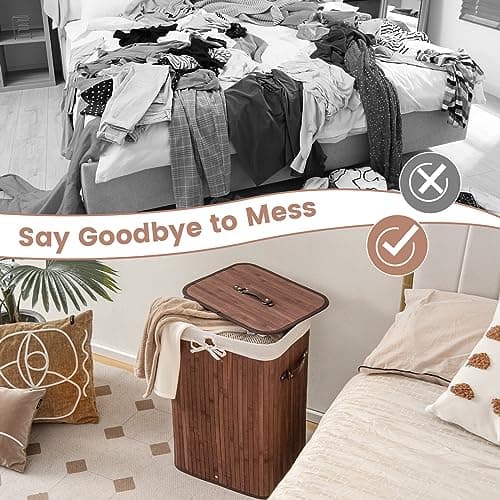 Giantex Bamboo Laundry Hamper with Lid, 72L Large & Tall Clothes Hamper with Removable Liner & Handles, Rectangular Laundry Basket for Small Spaces, Laundry Room, Bedroom (Brown) 7