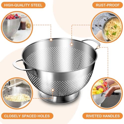 Stainless Steel Colander for Kitchen | 5 Quart Durable Rice and Pasta Strainer with Handle | Oversized Handles | Nesting Design | Rust-Resistant & Dishwasher Safe 7