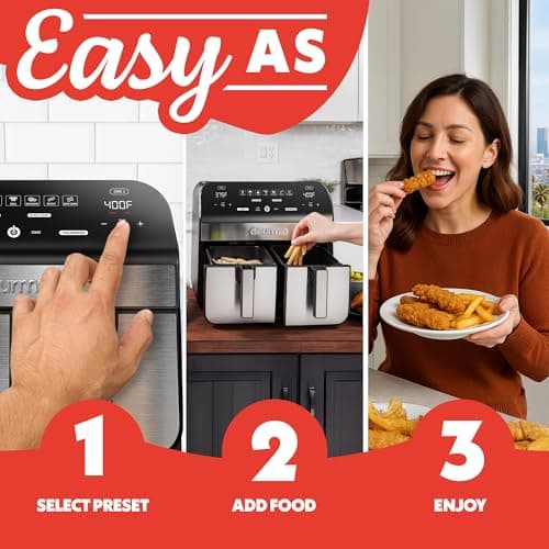 Gourmia Dual Basket Air Fryer - 10 Qt Large Capacity, FryForce360º, Digital Display with 7 Presets, Roast, Bake, Broil, Dehydrate, Match Cook, Sync Finish, Dishwasher Safe Accessories, Black 10