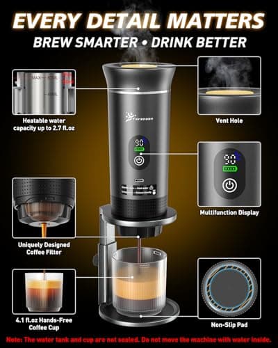 Yorenson Portable Coffee Maker for Travel,Self-Heating Espresso Machine with USB-C,LED Display,20 Bar,Compatible with Coffee Grounds&Capsules (Ns&DG)–Portable Espresso Maker for Car,RV,Camping,Office 5