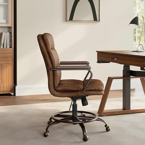 EUREKA ERGONOMIC Mid-Century Vintage Office Chair, Faux Leather Executive Desk Chair with Unique Ball Casters and Fixed Footrest Ring, Brown Retro Swivel Chair for Home Office and Study, Brown 8