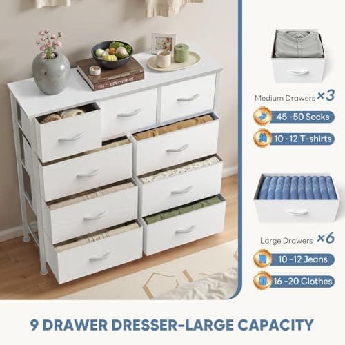 DUMOS Dresser for Bedroom, Storage Organizer with 9 Drawers, Chest of Drawers with Fabric Bins, Sturdy Metal Frame, Wood Tabletop for Guest Room, Closet, Entryway, White 6