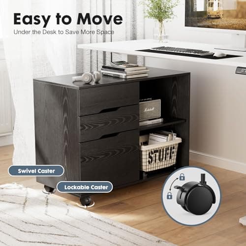 DUMOS Lateral File Cabinet with 3 Drawers Rolling Filing Cabinets Under Desk Storage Printer Stand Wood Organizer with Wheels Adjustable Shelf for Office Home Small Space, Black 6