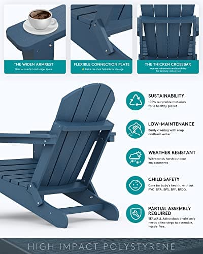 SERWALL Folding Adirondack Chairs Weather Resistant for Outdoor, Patio, Lawn, Garden, Backyard Deck, Fire Pit - Blue 6