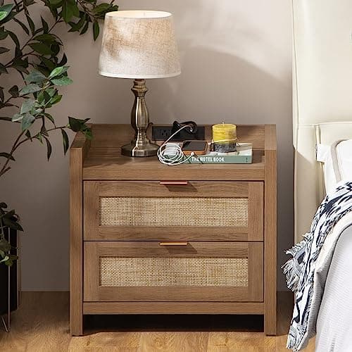SICOTAS Rattan Nightstand End Table - Night Stand Bedside Table with Type-C Charging Station, 2 Drawers Storage - Boho Night Stands for Bedroom - Natural Oak
