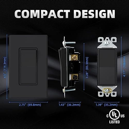 ELEGRP Matte Black 3 Way Decorative Light Switch with Plate, 15Amp, 120-277 Volt, AC Rocker Paddle Wall Switch Replacement, Self-Grounding, Residential Grade, w/Wall Plate, UL Listed (5 Pack) 6