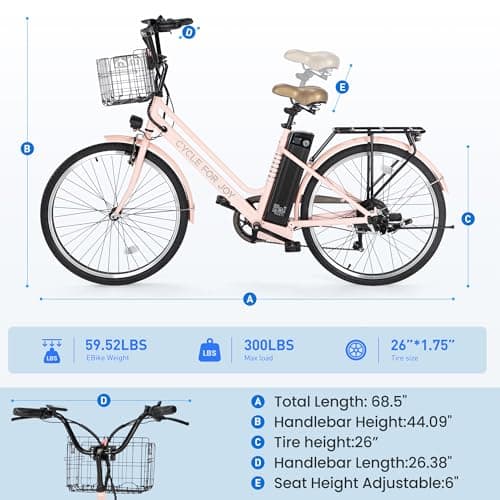 RegalRider Electric Bike for Adults, 1000W Peak 70Miles + 20MPH Step Thru Electric Bike, Commuter E-Bike with Removable Battery, Dual Brake(Lockable), Detachable Foldable Basket(TUV & UL2849), Pink 9