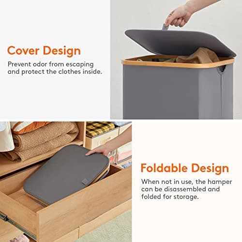 Lifewit 100L Laundry Basket with Lid, Clothes Hampers for Laundry with Bamboo Handles and 1 Removable Bag, Large Foldable Laundry Hamper for Bedroom, Bathroom, Dorm, Laundry Room, Gray 7