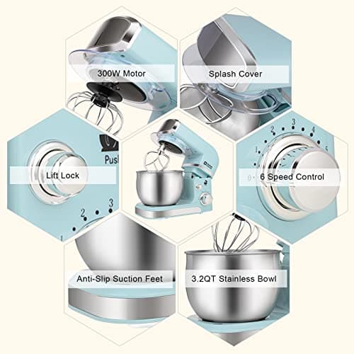 Kitchen in the box Stand Mixer,3.2Qt Small Electric Food Mixer,6 Speeds Portable Lightweight Kitchen Mixer for Daily Use with Egg Whisk,Dough Hook,Flat Beater (Blue) 5