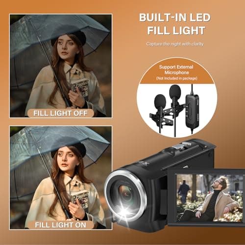 Muitune Camcorder Video Camera QHD 2.7K 56MP 16X Digital Zoom Vlogging Camera with LED Fill Light for YouTube, 2.8 Inch 270 Degree Rotation LCD Screen Camcorder with 32GB SD Card and Two Batteries 5