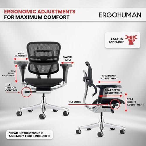 Ergohuman Eurotech ME8ERG GEN2 High Back Mesh Office Chair with Tilt Tension Control, Tilt Lock, Back Angle, Back Height, Synchro Tilt, Seat Height, Seat Depth, and Arm Height Adjustments, Black 7