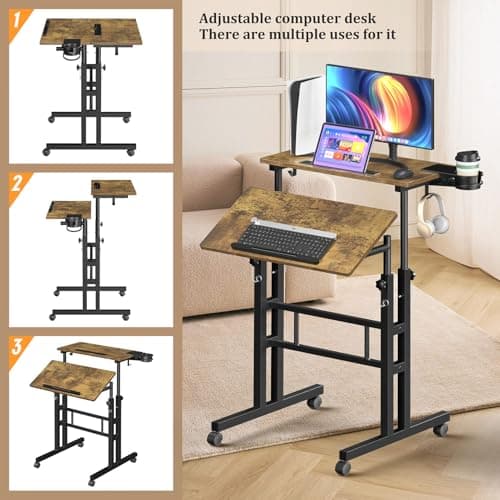 Enayplon Small Standing Desk with Wheels, Mobile Stand Up Desk, Portable Standing Table on Wheels for Walking Pad, Rolling Computer Desk Adjustable Height, Tall Table 3