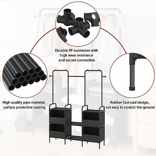 Laiensia Clothes Rack,3 Rods Portable Clothing Hanging Garment Rack,Coat and Shoe Rack with 4 Storage Shelves and 4 Storage Pockets,for Bedroom,Entryway,Living Room,Black 7