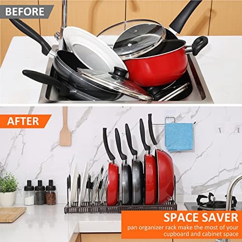 Pot Rack Organizer -Expandable Pot and Pan Organizer for Cabinet,Pot Lid Organizer Holder with 10 Adjustable Compartment for Kitchen Cabinet Cookware Baking Frying Rack,Bronze 7