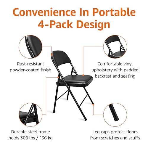Amazon Basics Comfortable Vinyl-Padded Metal Steel Folding Chairs for Events, Easy to Fold and Store, Black, 4-Pack 7
