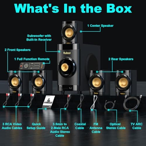 Surround Sound Systems 5.1 Home Theater System Speakers for TV Subwoofer Stereo Home Audio Wired Speakers System with HDMI ARC Optical Bluetooth Input for 4K TV Ultra HD AV DVD FM Radio USB 7