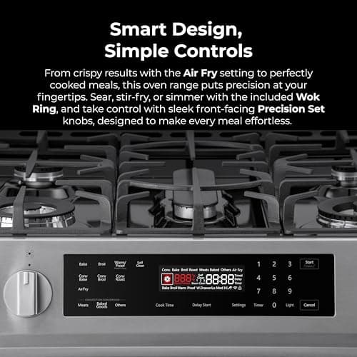 Kenmore 5.6 cu. ft. Front Control Gas Range Oven with 5 Cooktop Burners - True Convection, Air Fry, Turbo Boil, Self Clean, Dishwasher Safe Grates, Three Chrome Racks, LP Kit - Stainless Steel 5