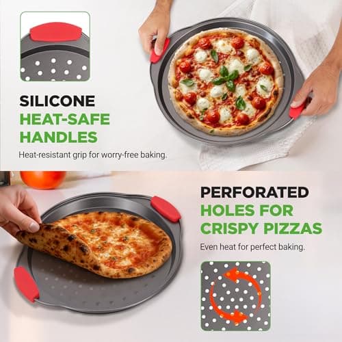 NutriChef 3-Piece Pizza Tray Set with Silicone Handles - Round Nonstick Pizza Pan with Perforated Holes, Durable Carbon Steel, Small, Medium, Large Sizes - Ideal for Crispy, Evenly Baked Pizzas (Gray) 8