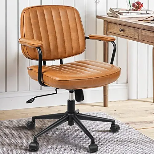 Artswish Brown Leather Desk Chair, Mid Century Desk Chair for Adjustable Height and Backrest, Ergonomic Office Chairs with Arms and Wheels