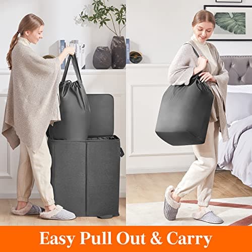 Lifewit Double Laundry Hamper with Lid and Removable Laundry Bags, Large Collapsible 2 Dividers Dirty Clothes Basket with Handles for Bedroom Laundry Room Closet Bathroom College, 136L Black 5