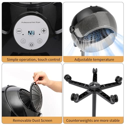 Hooded Hair Dryer, Adjustable Stand Hair Dryer on Wheels，Professional Ionic Bonnet Dryer with 3 Temperature Settings, for Salon, Spa or at Home Use 6