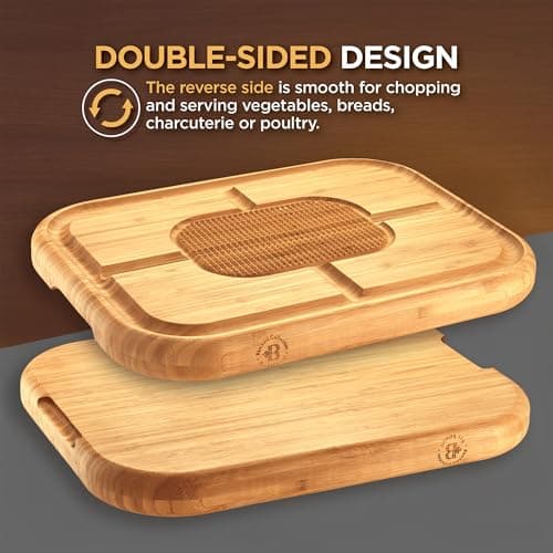 Meat Cutting Board - Large 18"x12" Reversible Bamboo Carving Board for Turkey - Heavy Duty Butcher Chopping Block with Deep Juice Groove, Spikes, & Grip, Kitchen Platter, Christmas Gift 7