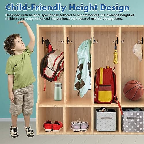 TONGMO Kid's Coat Locker with Bench - 4-Section Toddler-Sized Natural Kids Furniture for Organized Storage (4-Section) 5