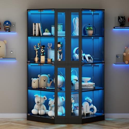 Gyfimoie Corner Display Cabinet with Multi-Color LED Lights, Modern Curio Cabinet with Glass Doors, 4 Tier Glass Display Case for Toys, Books & Other Collectibles 8