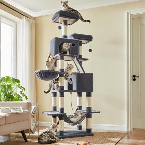 Feandrea Cat Tree, 81.1-Inch Large Cat Tower, Multi-Level Plush Condo with 13 Scratching Posts, 2 Perches, 2 Caves, Basket, Hammock, Pompoms, Smoky Gray UPCT190G01