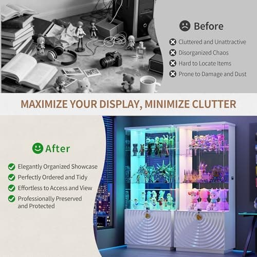 Lvifur 71'' Display Cabinet with Glass Doors,4-Tier Curio Cabinet with 3-Color Lights for Collectibles,Lockable Glass Display Case Human Body Sensor,Tall Bookcase w/Shelves&Drawers,White 6