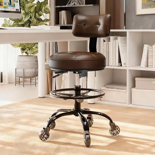 Office Drafting Chair with Footrest, Tall Height Adjustable Stool with Back Support, Heavy Duty Rolling Stool Chair with Wheels for Office Home Kitchen Bar Shop Guitar Studio Medical Vanity(Brown)