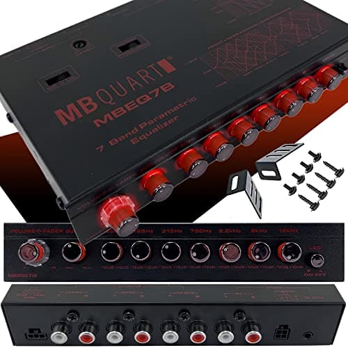 MB Quart MBEQ7B 7-Band 9 Volts 1/2 DIN Pre-Amp Car Audio Graphic Equalizer with Front 3.5mm Auxiliary Input, Rear RCA Auxiliary Input and High Level Speaker Inputs,Silver