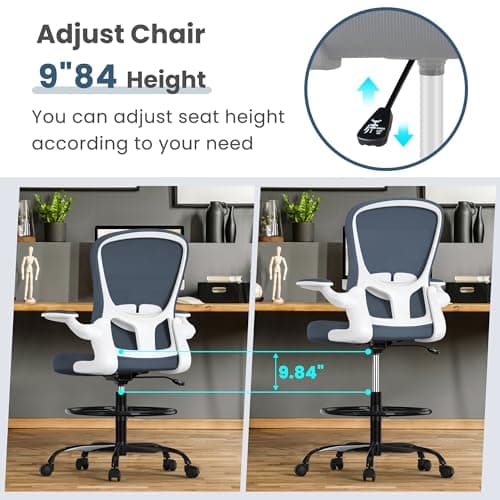 Drafting Chair, Tall Office Chair with Flip-up Armrests Executive Ergonomic Computer Standing Desk Chair, Office Drafting Chair with Lumbar Support and Adjustable Footrest Ring 6